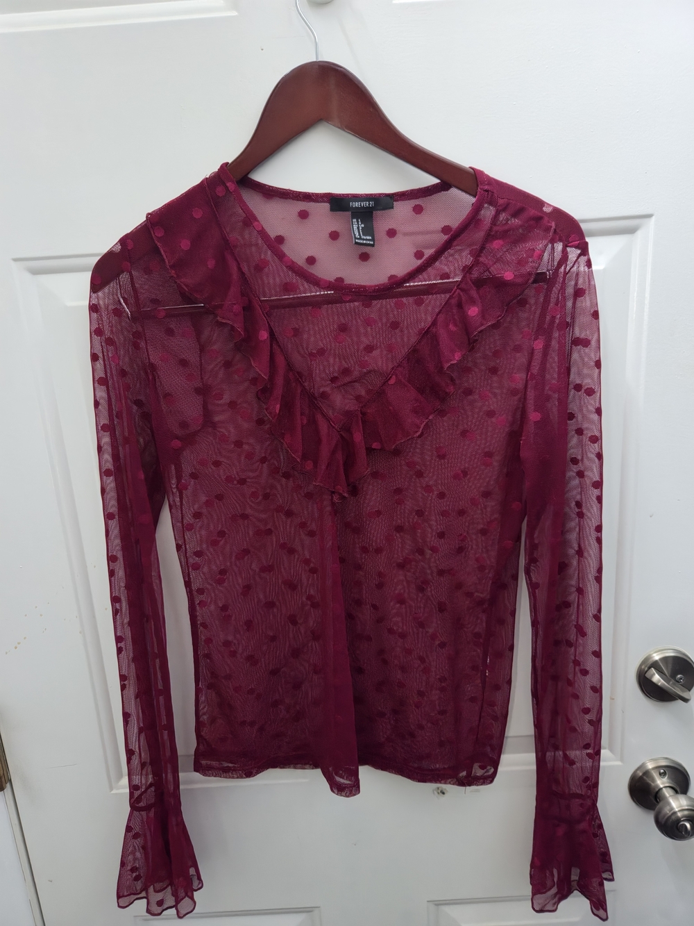 Forever 21 Wine Sheer Polka Dot Ruffle Long-Sleeve Top